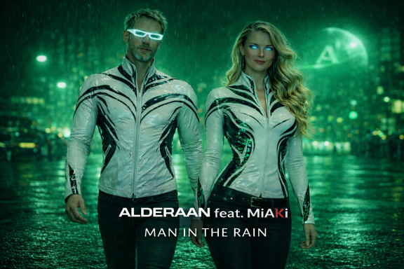 MAN IN THE RAIN Cover ALDERAAN feat. MiAKi Man In The Rain Cover mit beiden Figuren in weiß-silbernen futuristischen Outfits vor grüner nächtlicher Regenkulisse