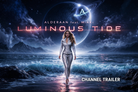 LUMINOUS TIDE Channel Trailer ALDERAAN feat. MiAKi Luminous Tide Channel Trailer Cover mit MiAKi am nächtlichen Ozean und ALDERAAN-Planetlogo