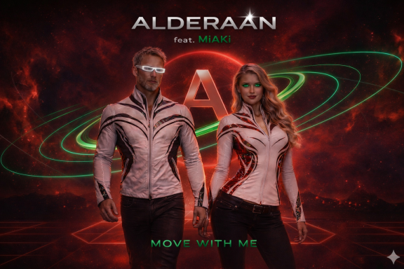 MOVE WITH ME Cover ALDERAAN feat. MiAKi Move With Me Cover mit beiden Figuren in weiß-silbernen Outfits vor rubinroter kosmischer Kulisse und grünen Orbitalrin